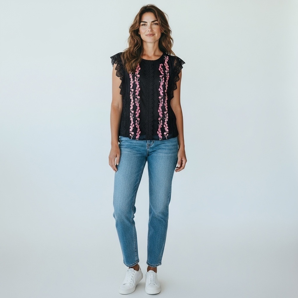 Calligraphie Black Lace Top Sleeveless Pink Embroidered Flowers Feminine Sz L - Picture 2 of 12